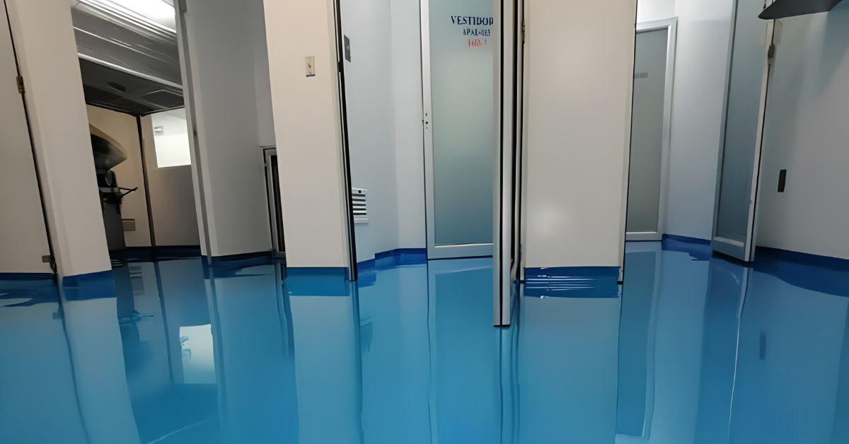 Línea de producción alimenticia con piso epóxico azul
